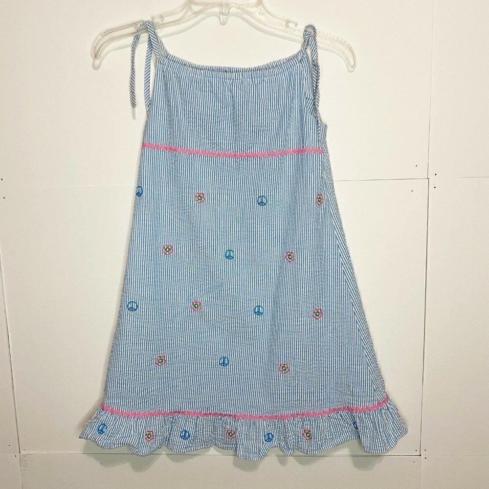 Vive La Fete Sz 7 Light Blue Long Seersucker Dress Peach Signs Ribbon Straps